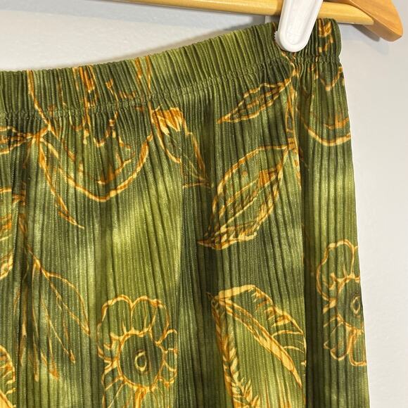 Vtg Fairycore Maxi Skirt Olive Gold Leaf Print Flowy Crinkle Whimsy Dark Autumn - Picture 4 of 8